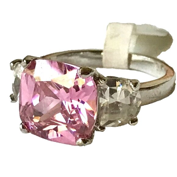 Silver Pink Cubic Zirconia Cocktail Ring Size 9 Plated Triplet Cushion Cut - Picture 4 of 12